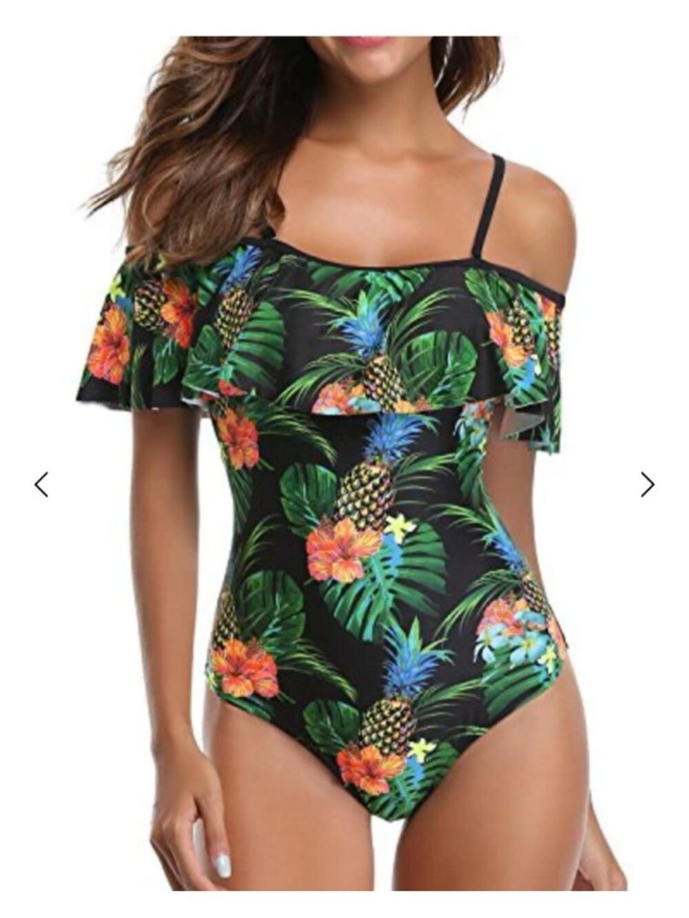 Womens Med One-Piece Swimsuit Ruffled Off Shoulder Tropical Pineapple Floral